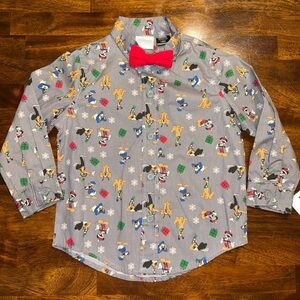 Disney Christmas Button Kids Shirt with Red Bow Tie